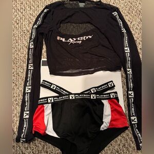 Playboy Black and Red Racing Sheer Top - Large and booty shorts - Small Set